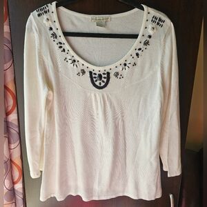Requirements White Long Sleeve Top with Beaded Neckline